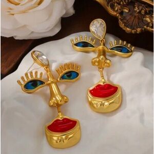 Gold Abstract Face Drop Earrings with Blue and Red Enamel